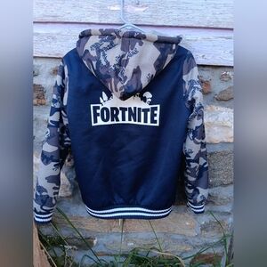 Boys size Large letterman style Fortnite zipper sherpa lines jacket in blue